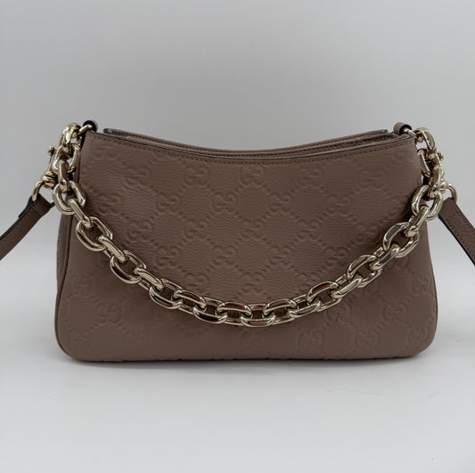 Gucci GG Grainy Calfskin Emblem Shoulder Bag Taupe